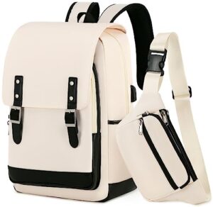 ledaou school backpack for teen girls with fanny pack laptop backpacks 15.6 inch daypack women bookbag school bag for college travel (beige)