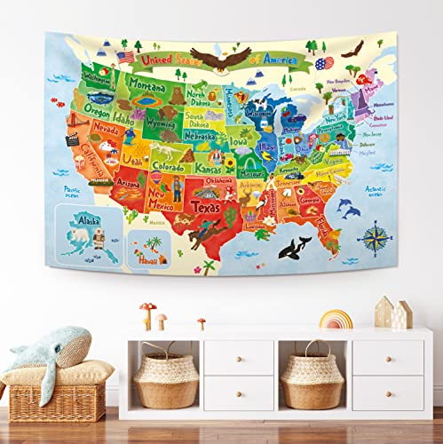 BASHOM TP-008 United states MAP Tapestry 60''x40''(150x100cm) Poster for Kids Educational learning Wall Hanging for Bedroom Living Room Nursery Dorm Home Decor USA America US map