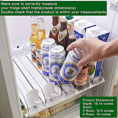 Soda Can Dispenser for Refrigerator, Width Adjustable Self-Pushin Soda Can Organizer, Beer Pop Can Water Bottle Storage for Fridge, Pantry, Kitchen (5 Rows, White)