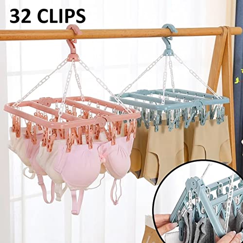 Typutomi Foldable Laundry Hanger with 32 Clips, Plastic Hanging Drying Rack Clip Hanger Drip Drying Hanger for Children Adults Clothes,Towel,Socks,Underwear,Hat,Scarf(Pink)