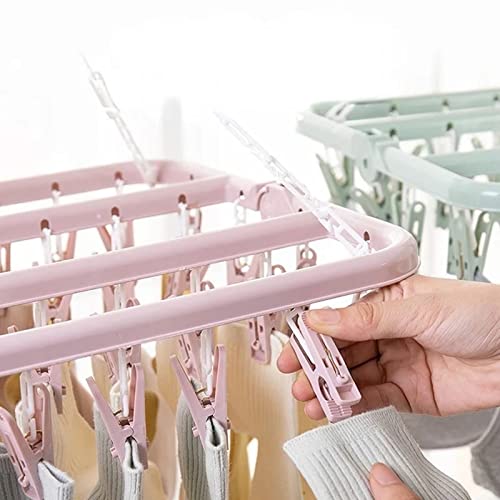 Typutomi Foldable Laundry Hanger with 32 Clips, Plastic Hanging Drying Rack Clip Hanger Drip Drying Hanger for Children Adults Clothes,Towel,Socks,Underwear,Hat,Scarf(Pink)