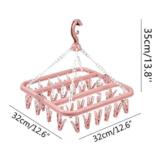 Typutomi Foldable Laundry Hanger with 32 Clips, Plastic Hanging Drying Rack Clip Hanger Drip Drying Hanger for Children Adults Clothes,Towel,Socks,Underwear,Hat,Scarf(Pink)