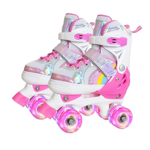 Nattork Girls Roller Skates for Kids Toddler, 4 Sizes Adjustable Rainbow Quad Skates with Light up Wheels,Best Gift for Boys Kids Beginners Indoor Outdoor S