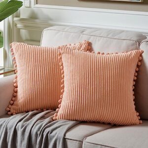 fancy homi pack of 2 peach decorative throw pillow covers 18x18 inch with pom-poms for couch bed living room bedroom, farmhouse boho home decor, soft coral corduroy solid square cushion case 45x45 cm