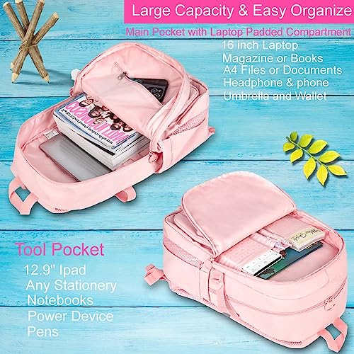 Laptop Backpack for Girls, Women College School Bookbag, 15.6" Cute Aesthetic Computer Water Resistant Anti Theft School Bags for Teens Girls Students - Pink