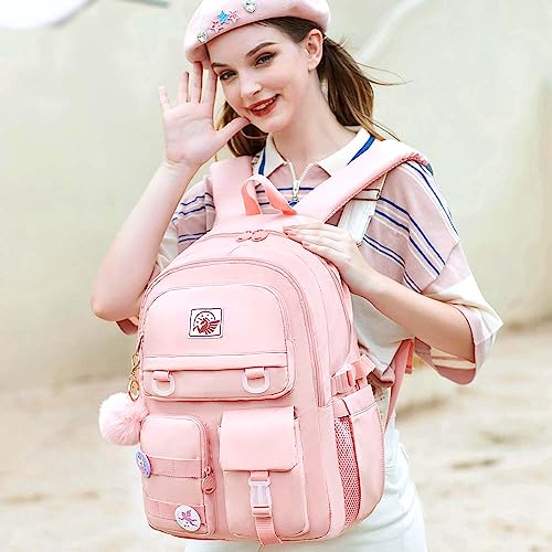 Laptop Backpack for Girls, Women College School Bookbag, 15.6" Cute Aesthetic Computer Water Resistant Anti Theft School Bags for Teens Girls Students - Pink