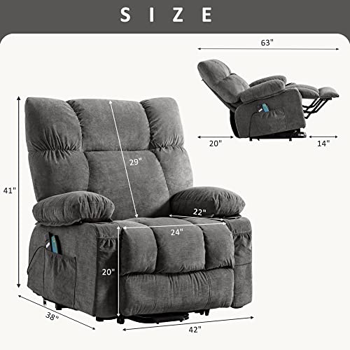 VON RACER Power Lift Recliner Chairs Modern Chair with Heat and Massage Recliners for Elderly Sofa with 2 Side Pocket, USB Port Remote Control, Adjustable Furniture, Classic Grey