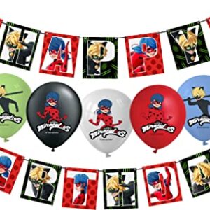 Vision Licensed Miraculous Party Supplies Ladybug Balloons 25 Pcs & Happy Birthday Banner Set For Miraculous Theme Birthday Kids Party