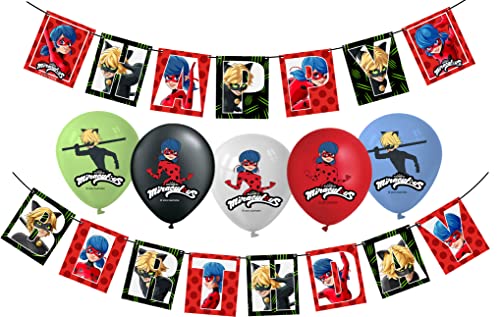 Vision Licensed Miraculous Party Supplies Ladybug Balloons 25 Pcs & Happy Birthday Banner Set For Miraculous Theme Birthday Kids Party