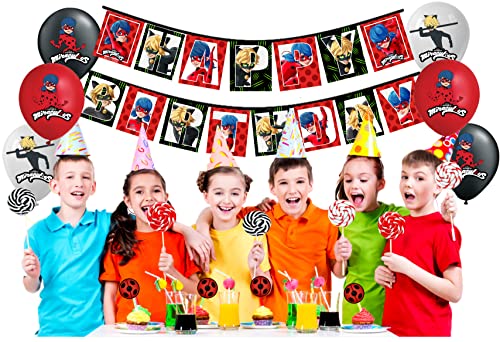 Vision Licensed Miraculous Party Supplies Ladybug Balloons 25 Pcs & Happy Birthday Banner Set For Miraculous Theme Birthday Kids Party