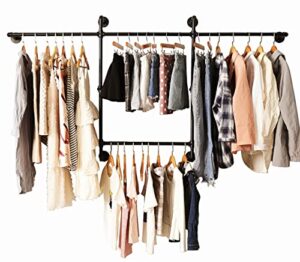 industrial clothing racks garment racks – wall mounted pipes clothes racks with four hanging rods, heavy duty garment racks, industrial steampunk closet organizer hall tree (metal pipes-black)