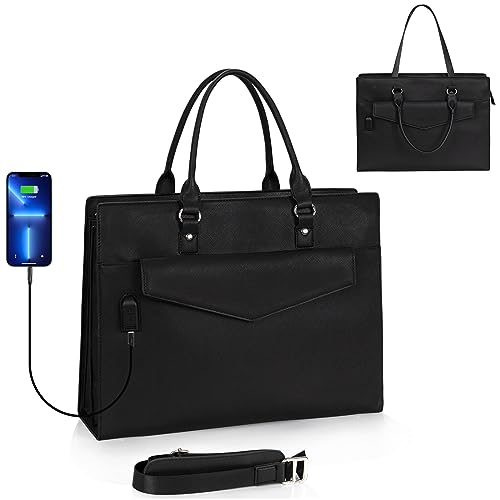 Laptop Tote Bag for Women, 17 Inch Laptop Bag Waterproof Leather Computer Tote Bag, Large Work Bag with USB Charging Port, Womens Laptop Briefcase Business Office Handbag Work Shoulder Bag, Black