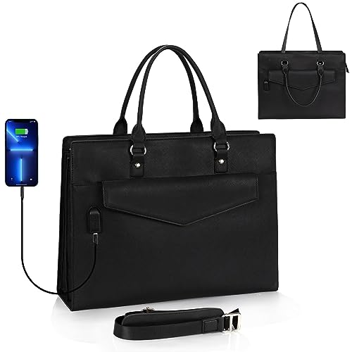 Laptop Tote Bag for Women, 17 Inch Laptop Bag Waterproof Leather Computer Tote Bag, Large Work Bag with USB Charging Port, Womens Laptop Briefcase Business Office Handbag Work Shoulder Bag, Black