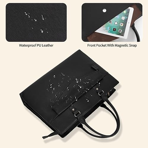 Laptop Tote Bag for Women, 17 Inch Laptop Bag Waterproof Leather Computer Tote Bag, Large Work Bag with USB Charging Port, Womens Laptop Briefcase Business Office Handbag Work Shoulder Bag, Black