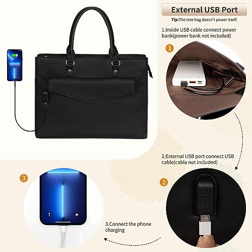 Laptop Tote Bag for Women, 17 Inch Laptop Bag Waterproof Leather Computer Tote Bag, Large Work Bag with USB Charging Port, Womens Laptop Briefcase Business Office Handbag Work Shoulder Bag, Black