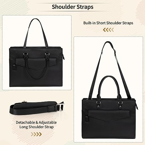 Laptop Tote Bag for Women, 17 Inch Laptop Bag Waterproof Leather Computer Tote Bag, Large Work Bag with USB Charging Port, Womens Laptop Briefcase Business Office Handbag Work Shoulder Bag, Black