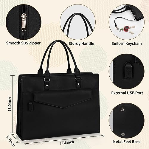 Laptop Tote Bag for Women, 17 Inch Laptop Bag Waterproof Leather Computer Tote Bag, Large Work Bag with USB Charging Port, Womens Laptop Briefcase Business Office Handbag Work Shoulder Bag, Black