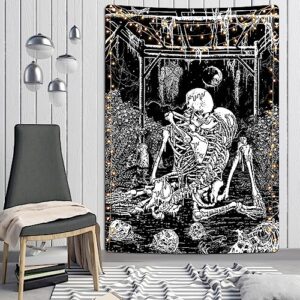 uspring skull tapestry kissing lovers tapestries black and white sketelon tapestry gothic moon tapestry for bedroom aesthetic wall hanging decor (51.2 x 59.1 inches)