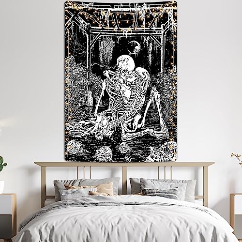 Uspring Skull Tapestry Kissing Lovers Tapestries Black and White Sketelon Tapestry Gothic Moon Tapestry for Bedroom Aesthetic Wall Hanging decor (51.2 x 59.1 inches)