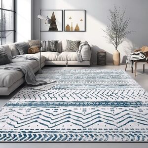 Area Rug Living Room Rugs - 5x7 Machine Washable Moroccan Geometric Neutral Soft Low Pile Stain Resistant Large Thin Rug Floor Carpet for Bedroom Under Dining Table Home Office - Navy Blue