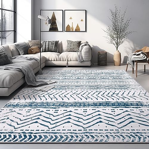 Area Rug Living Room Rugs - 5x7 Machine Washable Moroccan Geometric Neutral Soft Low Pile Stain Resistant Large Thin Rug Floor Carpet for Bedroom Under Dining Table Home Office - Navy Blue