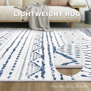Area Rug Living Room Rugs - 5x7 Machine Washable Moroccan Geometric Neutral Soft Low Pile Stain Resistant Large Thin Rug Floor Carpet for Bedroom Under Dining Table Home Office - Navy Blue
