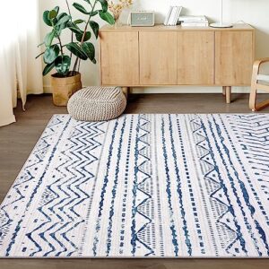 Area Rug Living Room Rugs - 5x7 Machine Washable Moroccan Geometric Neutral Soft Low Pile Stain Resistant Large Thin Rug Floor Carpet for Bedroom Under Dining Table Home Office - Navy Blue