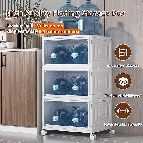 JONYJ Storage Bins with Lids 32Qt, 3 Packs Stackable Storage Bins with Wheels, Magnetic Door, Leather Handle, Plastic Storage Containers for Bedroom, Living Room, Kitchen, Bathroom (Large)