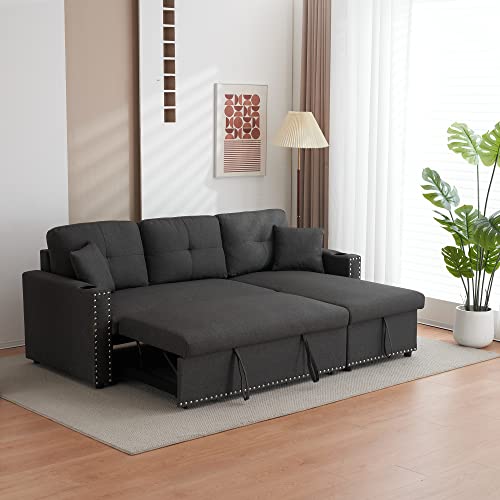 Payeel Sectional Sofa with Pull-Out Bed and Storage Chaise Lounge 83" Furniture Contemporary L-Shaped Fabric Sleeper Sofa Bed with Cup Holders for Living Room, Apartment (Dark Gray W/Rivet)