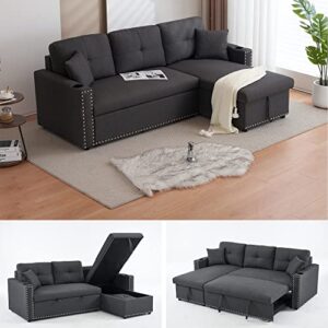 payeel sectional sofa with pull-out bed and storage chaise lounge 83" furniture contemporary l-shaped fabric sleeper sofa bed with cup holders for living room, apartment (dark gray w/rivet)