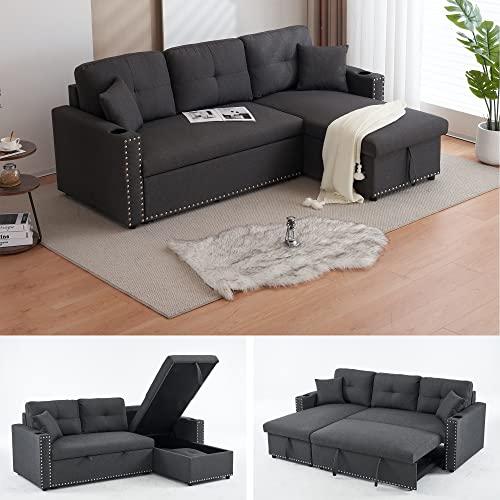 Payeel Sectional Sofa with Pull-Out Bed and Storage Chaise Lounge 83" Furniture Contemporary L-Shaped Fabric Sleeper Sofa Bed with Cup Holders for Living Room, Apartment (Dark Gray W/Rivet)