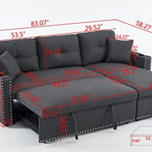 Payeel Sectional Sofa with Pull-Out Bed and Storage Chaise Lounge 83" Furniture Contemporary L-Shaped Fabric Sleeper Sofa Bed with Cup Holders for Living Room, Apartment (Dark Gray W/Rivet)