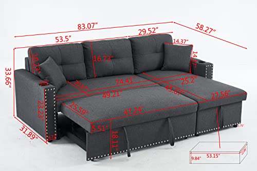 Payeel Sectional Sofa with Pull-Out Bed and Storage Chaise Lounge 83" Furniture Contemporary L-Shaped Fabric Sleeper Sofa Bed with Cup Holders for Living Room, Apartment (Dark Gray W/Rivet)