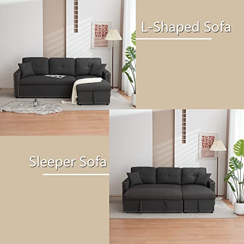 Payeel Sectional Sofa with Pull-Out Bed and Storage Chaise Lounge 83" Furniture Contemporary L-Shaped Fabric Sleeper Sofa Bed with Cup Holders for Living Room, Apartment (Dark Gray W/Rivet)