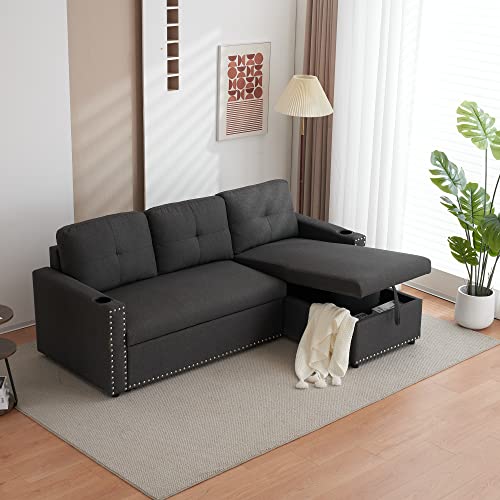 Payeel Sectional Sofa with Pull-Out Bed and Storage Chaise Lounge 83" Furniture Contemporary L-Shaped Fabric Sleeper Sofa Bed with Cup Holders for Living Room, Apartment (Dark Gray W/Rivet)