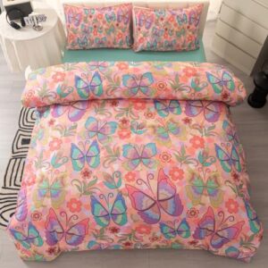 podol girls pink comforter set full size, butterfly flowers pattern bedding set, 5pc lightweight bed in a bag with 1 comforter, 2 pillowcases, 1 flat sheet and 1 fitted sheet for kids