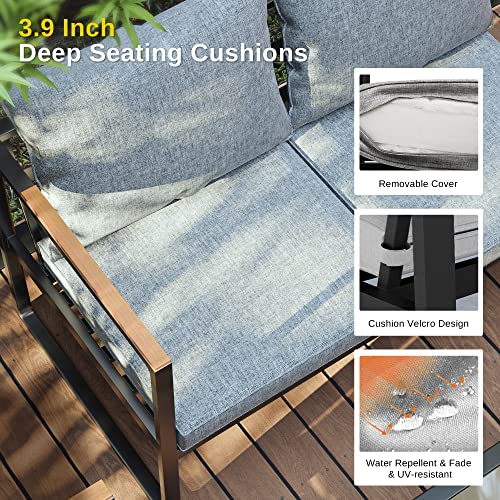 EAST OAK Courtyard Patio Furniture Set, 4-Piece Outdoor Patio Set with Sofa, Removable & Washable Deep Seating Cushion, Tempered Glass Table, Outside Patio Conversation Sets, Black & Grey