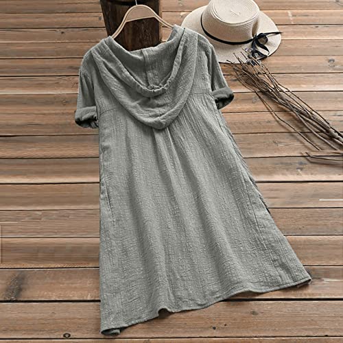 Women's Vintage Cotton Linen Dress Button Down Short Sleeve Casual Midi Dresses Summer Loose Flowy Sundress