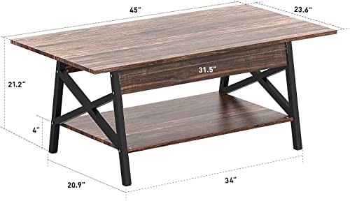 Yesker Farmhouse Coffee Table, Industrial Rustic Coffee Table Heavy Duty Two Tier Coffee Tea Table 45” with Shelf for Living Room, Accent Cocktail Table with Stronger Metal Frame Thicker Leg