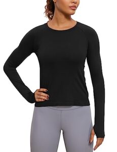 crz yoga womens seamless ribbed workout long sleeve shirts quick dry gym athletic tops breathable running shirt black medium