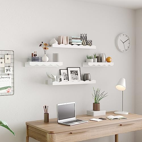 Floating Nursery Book Shelves Set of 2 Bathroom Shelves Over Toilet Modern Wood Storage Shelves for Wall Decor, Books, Toys, Photo Frames, Picture Ledge-White