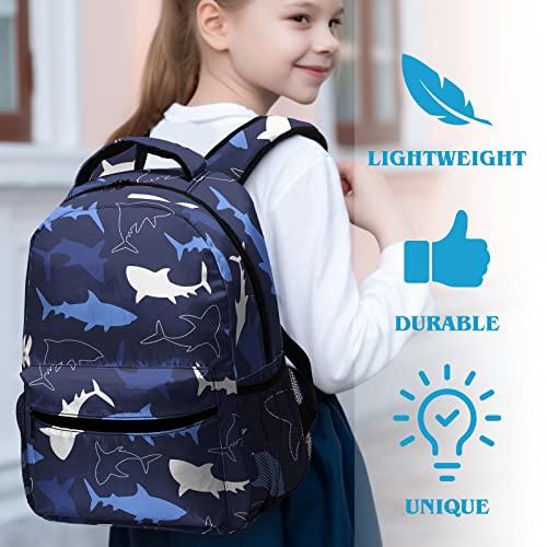 Dacawin Kids Backpack Blue Shark Elementary School Bag for Boys Girls Kids Ocean Themed Bookbag Lightweight Durable Simple Modern Backpacks for Travel Hiking Picnic