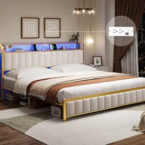 BTHFST King Bed Frame with LED Light Headboard, USB Ports & Outlets, Upholstered King Platform Bed Frame, Sturdy Bed Foundation, Upgraded 2-Row Middle Beams, Creamy White & Gold