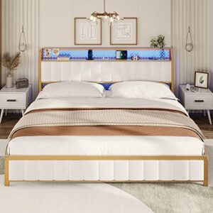 BTHFST King Bed Frame with LED Light Headboard, USB Ports & Outlets, Upholstered King Platform Bed Frame, Sturdy Bed Foundation, Upgraded 2-Row Middle Beams, Creamy White & Gold