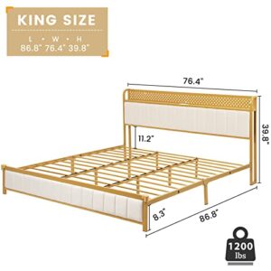 BTHFST King Bed Frame with LED Light Headboard, USB Ports & Outlets, Upholstered King Platform Bed Frame, Sturdy Bed Foundation, Upgraded 2-Row Middle Beams, Creamy White & Gold