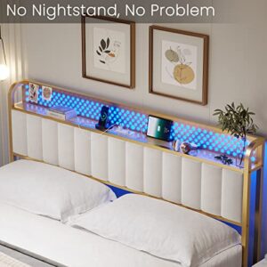 BTHFST King Bed Frame with LED Light Headboard, USB Ports & Outlets, Upholstered King Platform Bed Frame, Sturdy Bed Foundation, Upgraded 2-Row Middle Beams, Creamy White & Gold