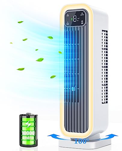 let'me Desk Fan, 14.6 Inch Oscillating Office Fan, 10000mAh Battery Operated Small Quiet Fan with 3 Speeds, 8H Timer and Night Light, Desk Tower Fan for Bedroom Office Home Desktop White