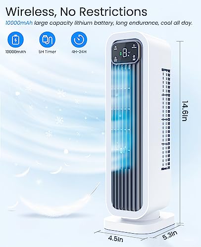 let'me Desk Fan, 14.6 Inch Oscillating Office Fan, 10000mAh Battery Operated Small Quiet Fan with 3 Speeds, 8H Timer and Night Light, Desk Tower Fan for Bedroom Office Home Desktop White