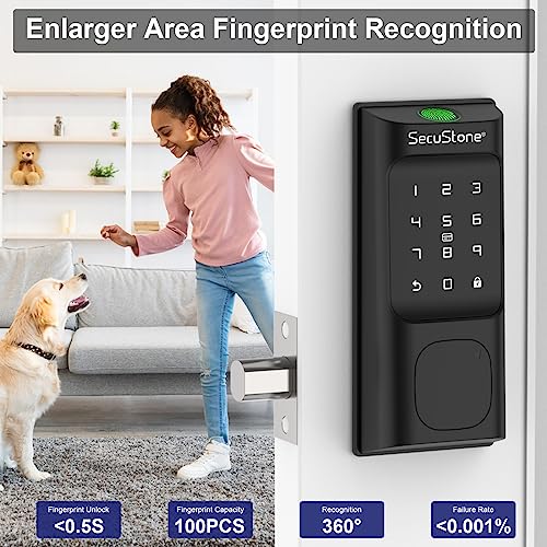 Secustone Smart Lock - Fingerprint Door Lock - Keyless Entry Door Lock - Smart Deadbolt Lock for Front Door with 2 Backup Keys, Door Lock with Keypad - 5 in 1 Auto Lock - Black