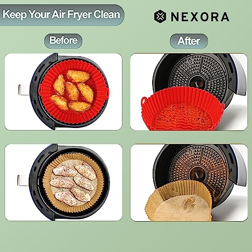 NEXORA 2-Pack Silicone Air Fryer Liners Reusable Air Fryer Silicone Basket Heat Resistant Easy Cleaning Air fryers Silicone Pot Round Compatible With Ninja Cosori Gourmia (7.5" (3to5 QT), Pink+Green)